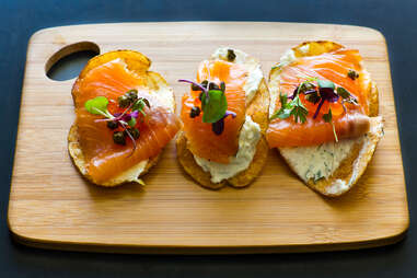 Saltyard - house-cured salmon chips w/ lemon-dill marscapone and salmon roe