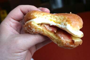 A Dunkin Donuts Glazed Donut Breakfast Sandwich