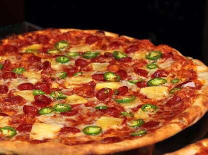 Pepperoni, pineapple and jalapeno pizza