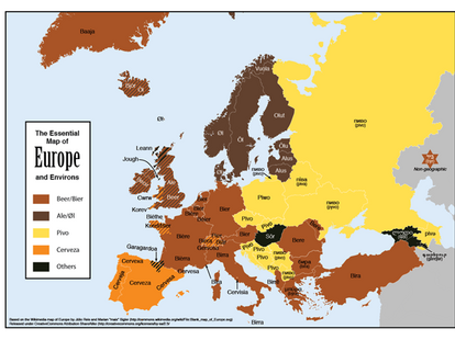 A map of how to say "beer" in each European country