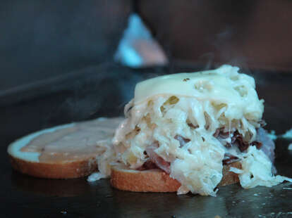 Assembling a GBMF sandwich on the Reuben on Rye truck