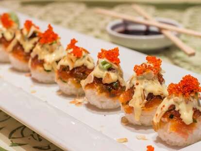 Spicy tuna, almonds, and tobiko roll at Temaris in Miami, FL