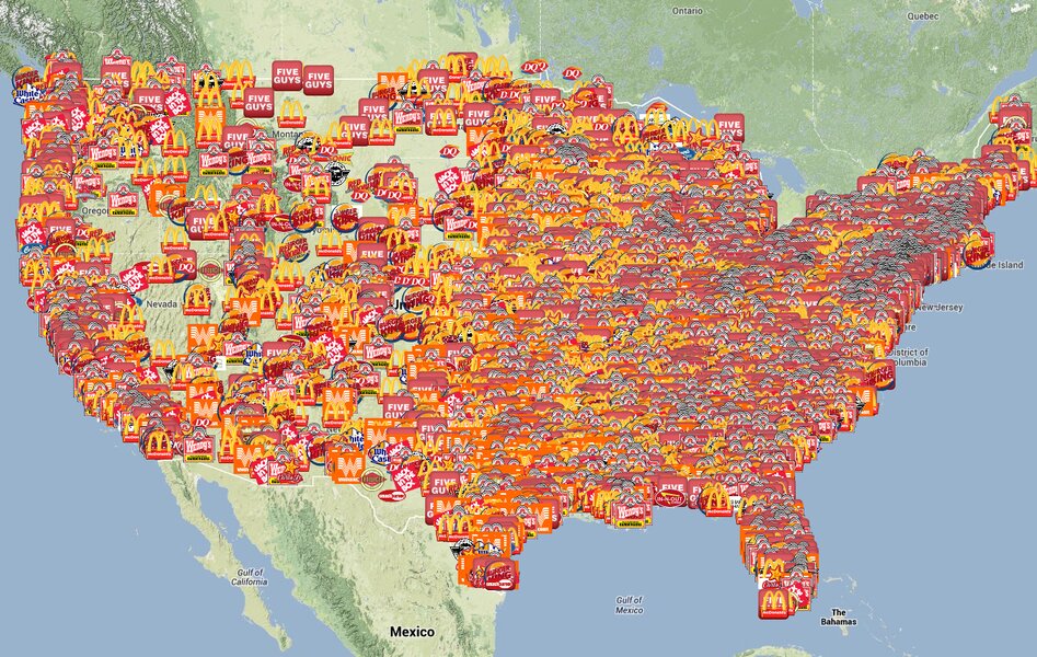This map shows the most talked-about fast food burgers in the US ...