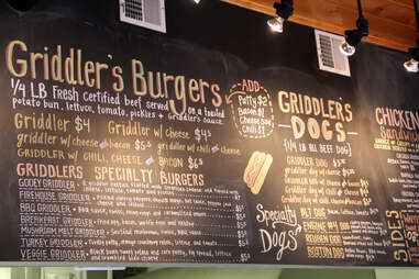 Menu board at Beacon Hill's Griddler's Burgers & Dogs