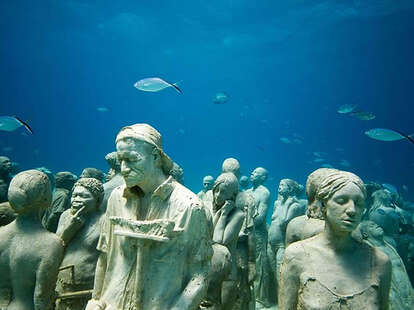 undersea sculptures and fish