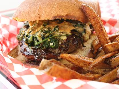 Burger stuffed with monterrey jack cheese & spinach