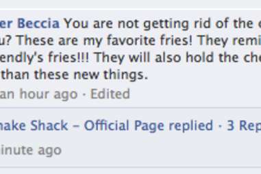Shake Shack fresh fries Facebook reply