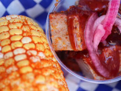 Burnt ends and corn at the Husky Hog BBQ food truck