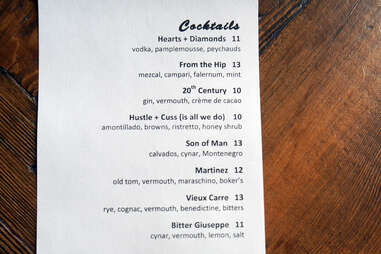 Cocktail menu at Ribelle