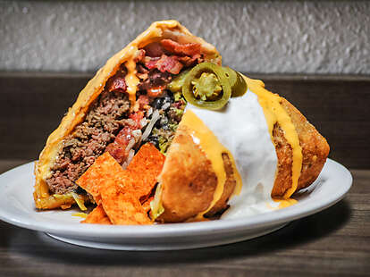 Supreme Nacho Burger at Slater's 50/50 in Liberty Station San Diego.