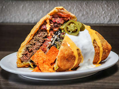 Supreme Nacho Burger at Slater's 50/50 in Liberty Station San Diego.