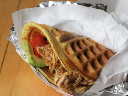 pulled pork waffle taco from Waffle & Wolf - NYC