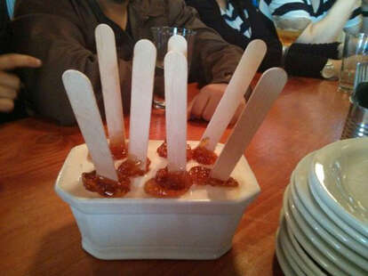 Maple ice cream with maple syrup taffy pops at Cabane à sucre