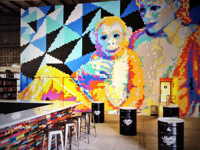 Post-it Note mural of Michael Jackson and Bubbles at Modern Times Brewery's tasting room.