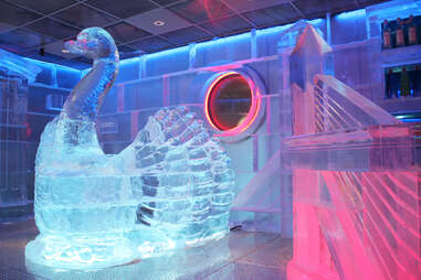 Swan boat ice sculpture at Frost Ice Bar