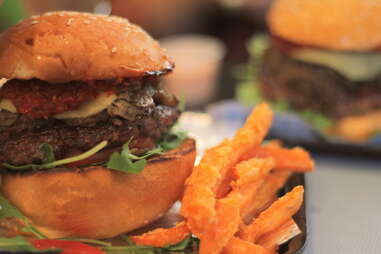 Closeup of a burger and fries