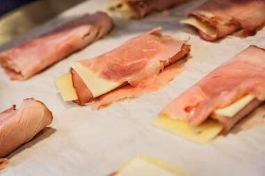 Ham and cheese prepped to put in the monte cristo sandwiches at Donut Bar in downtown San Diego.