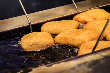 Monte cristo sandwiches in the fryer at Donut Bar in downtown San Diego.